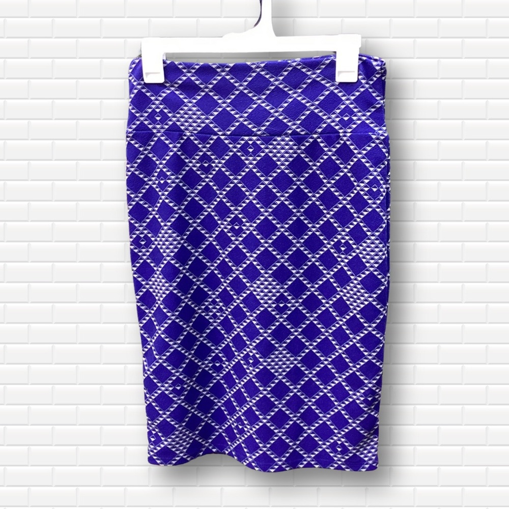 LuLaRoe Cassie Bodycon Pencil Skirt Mini / Midi Stretch Navy w Diamond Print - S